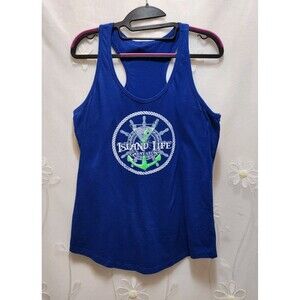 Womens Medium Blue Tank Top Island Life Galveston Texas Gulf Coastal Beach Gift